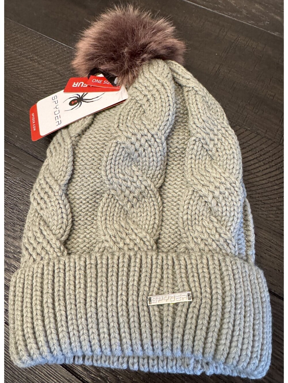 Spyder Women's Cable Knit Pom Pom Beanie Ribbed Cuff Sage Green One Size